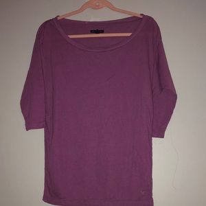 3/4, off the shoulder, purple shirt